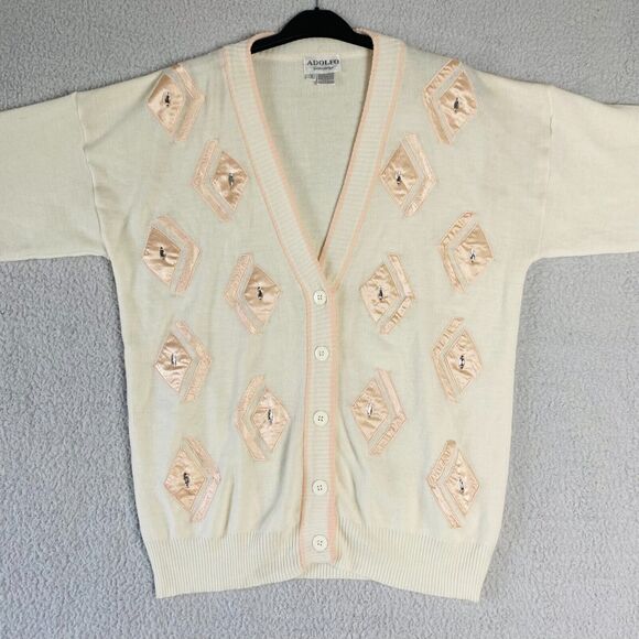 Vintage ADOLFO Collectibles‎ Cardigan Sweater Large Ivory Pink Lambs Wool Blend - Picture 5 of 8